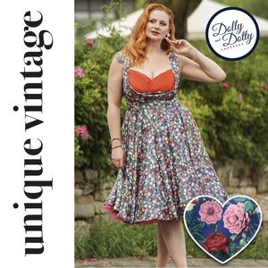 Unique Vintage Dolly & Dotty Navy & Rose Grace Swing Dress, Large, New!
